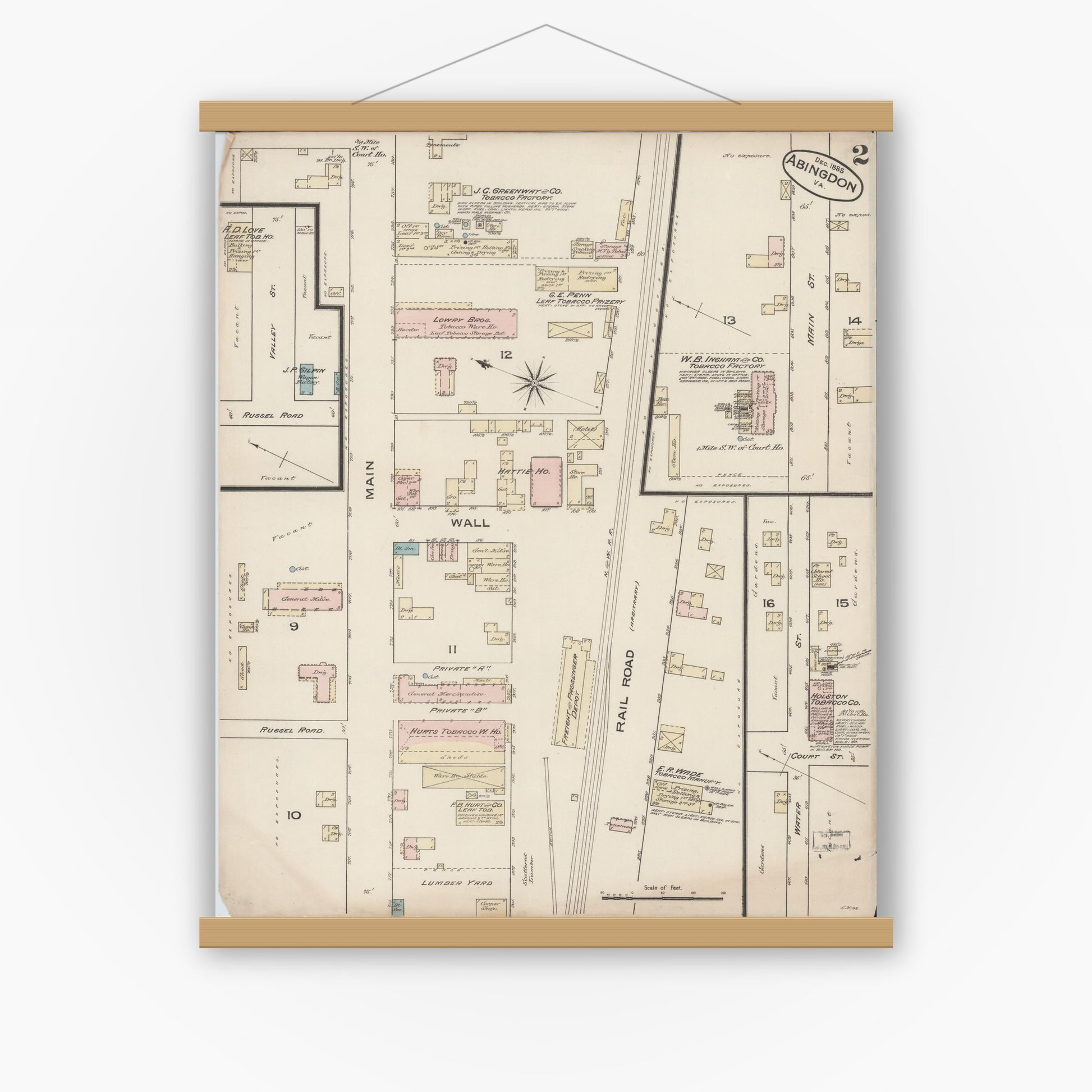 Old map wall art mockup — magnetic wood frame on white wall — Sanborn Fire Insurance Map from Abingdon, Washington County, Virginia (Unknown), Sheet #0002