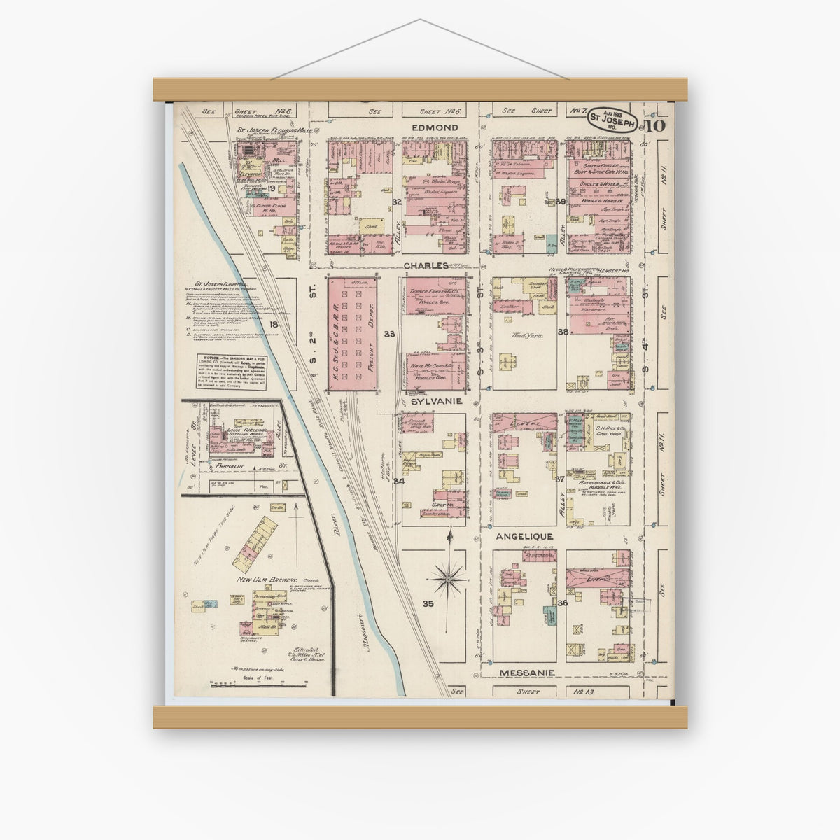 Old map wall art mockup — magnetic wood frame on white wall — Sanborn Fire Insurance Map from Saint Joseph, Buchanan County, Missouri (1883), Sheet #0010