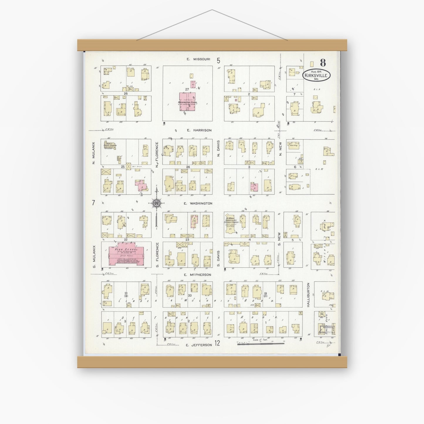Old map wall art mockup — magnetic wood frame on white wall — Sanborn Fire Insurance Map from Kirksville, Adair County, Missouri (1914), Sheet #0008