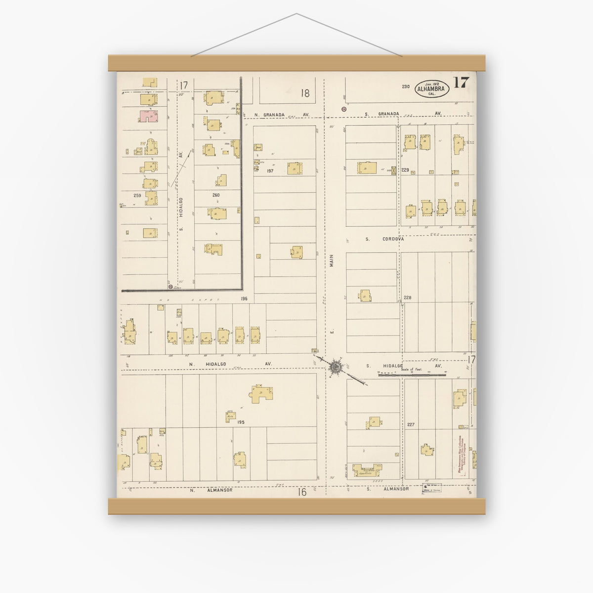 Old map wall art mockup — magnetic wood frame on white wall — Sanborn Fire Insurance Map from Alhambra, Los Angeles County, California (1912), Sheet #0017