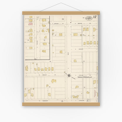 Old map wall art mockup — magnetic wood frame on white wall — Sanborn Fire Insurance Map from Alhambra, Los Angeles County, California (1912), Sheet #0017