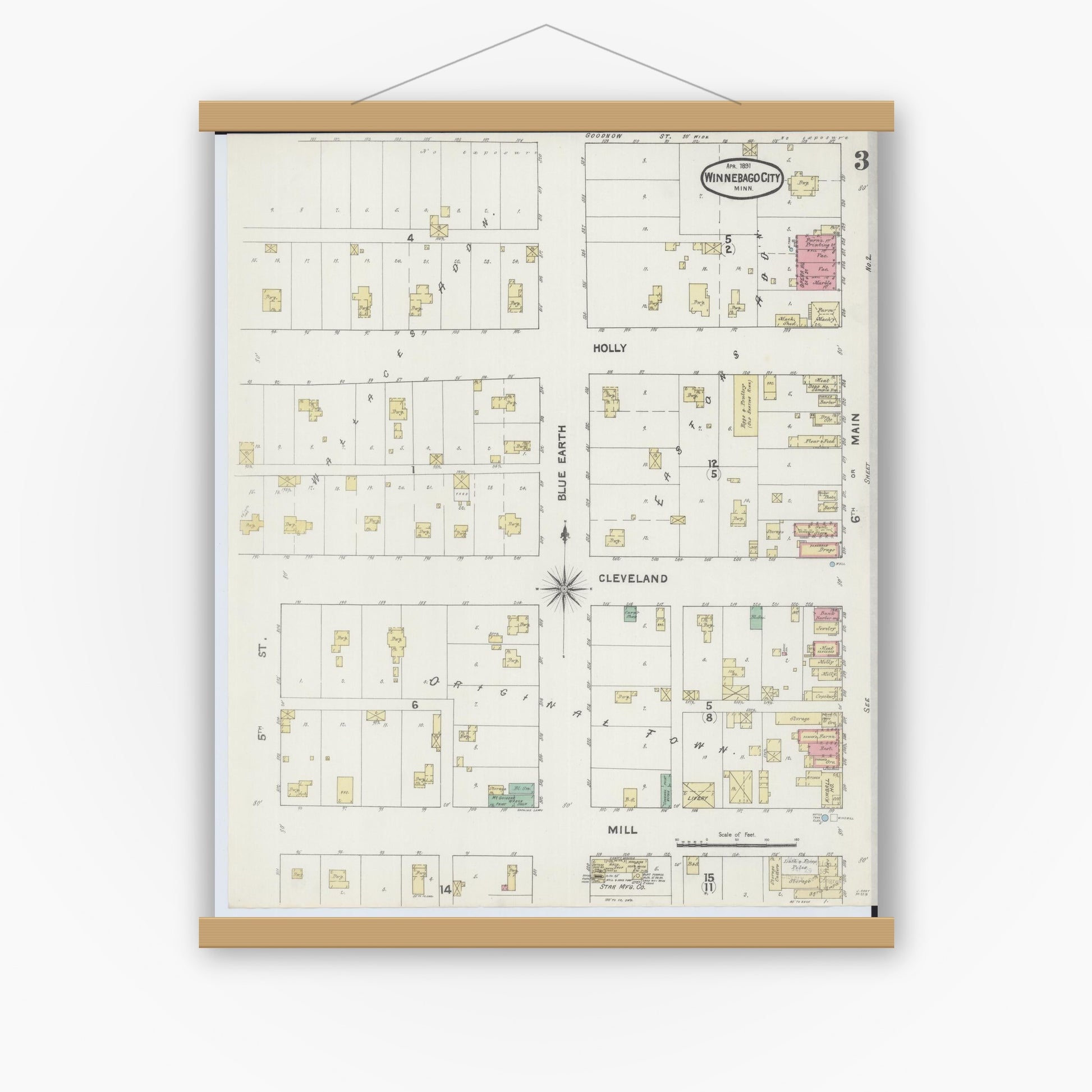 Old map wall art mockup — magnetic wood frame on white wall — Sanborn Fire Insurance Map from Winnebago, Faribault County, Minnesota (1891), Sheet #0003