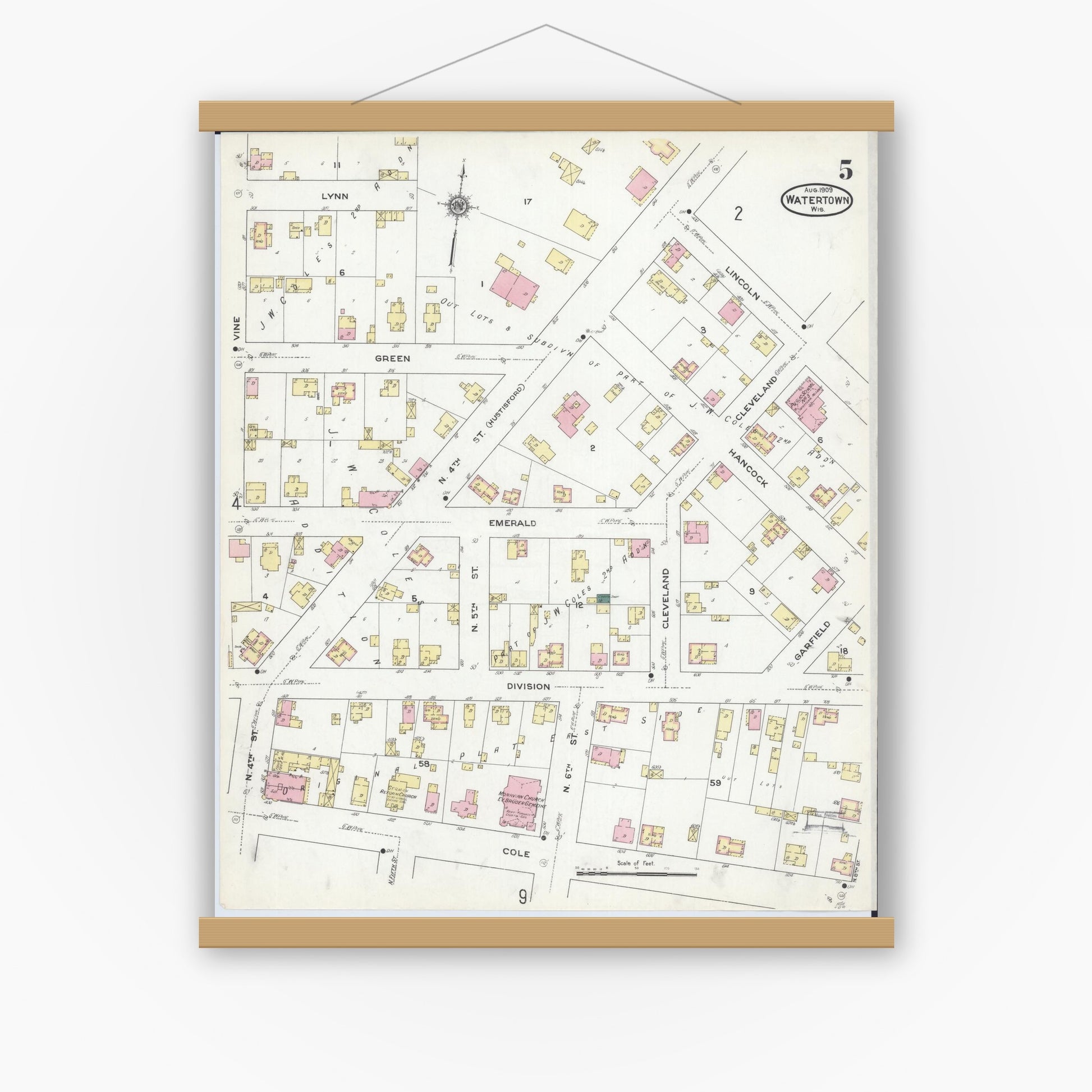 Old map wall art mockup — magnetic wood frame on white wall — Sanborn Fire Insurance Map from Watertown, Jefferson County, Wisconsin (1909), Sheet #0005