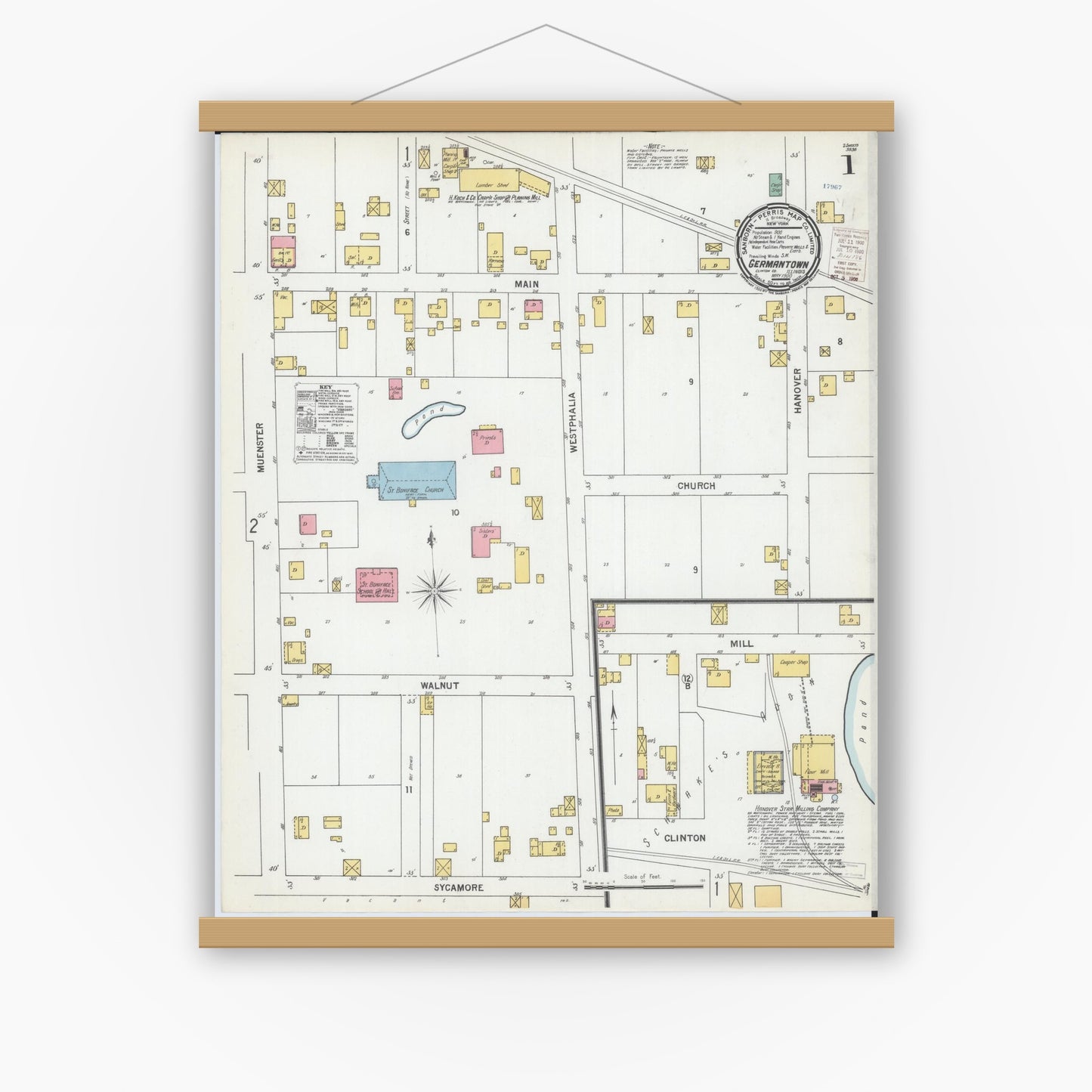 Old map wall art mockup — magnetic wood frame on white wall — Sanborn Fire Insurance Map from Germantown, Clinton County, Illinois (1900), Sheet #0001