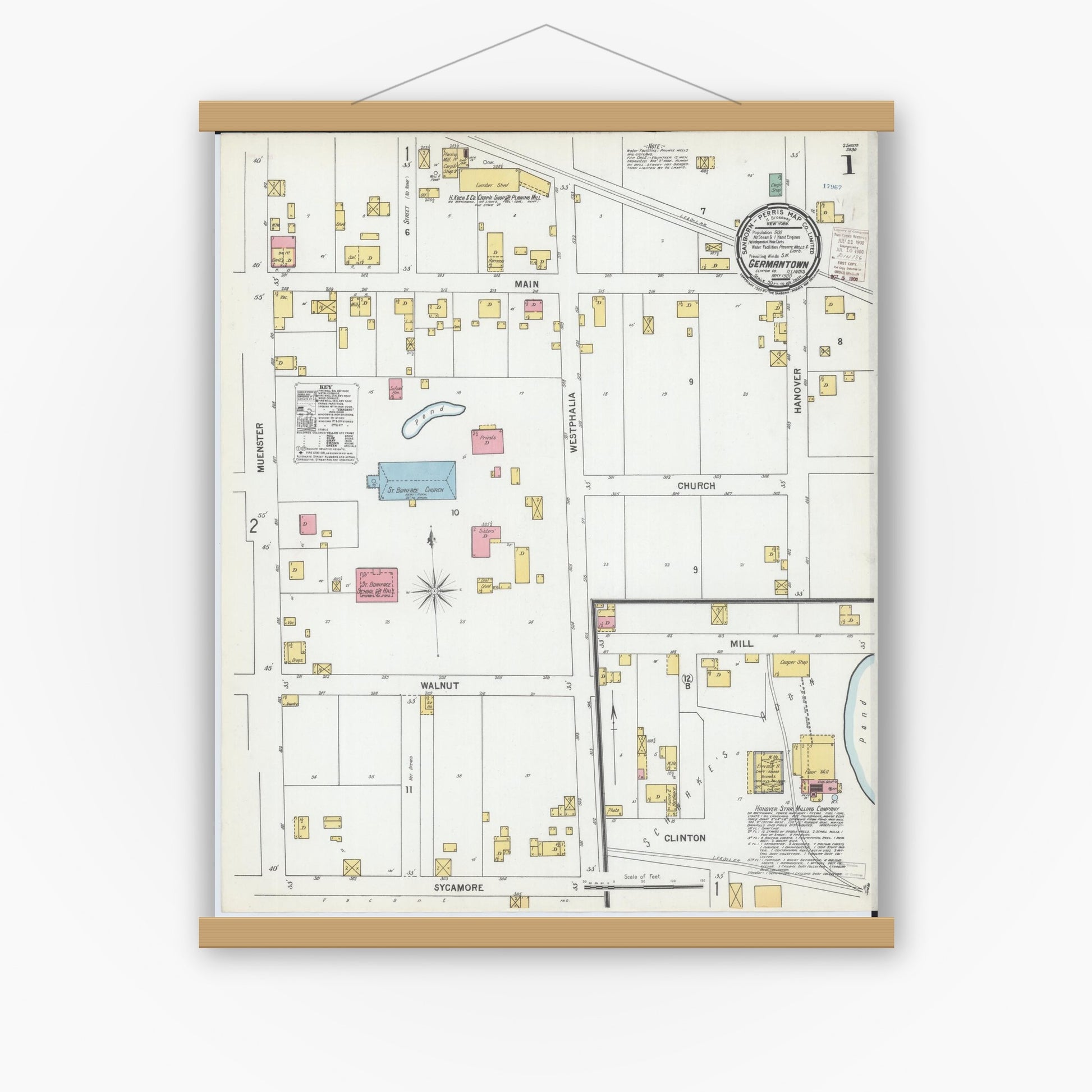 Old map wall art mockup — magnetic wood frame on white wall — Sanborn Fire Insurance Map from Germantown, Clinton County, Illinois (1900), Sheet #0001