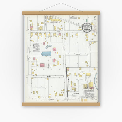 Old map wall art mockup — magnetic wood frame on white wall — Sanborn Fire Insurance Map from Germantown, Clinton County, Illinois (1900), Sheet #0001