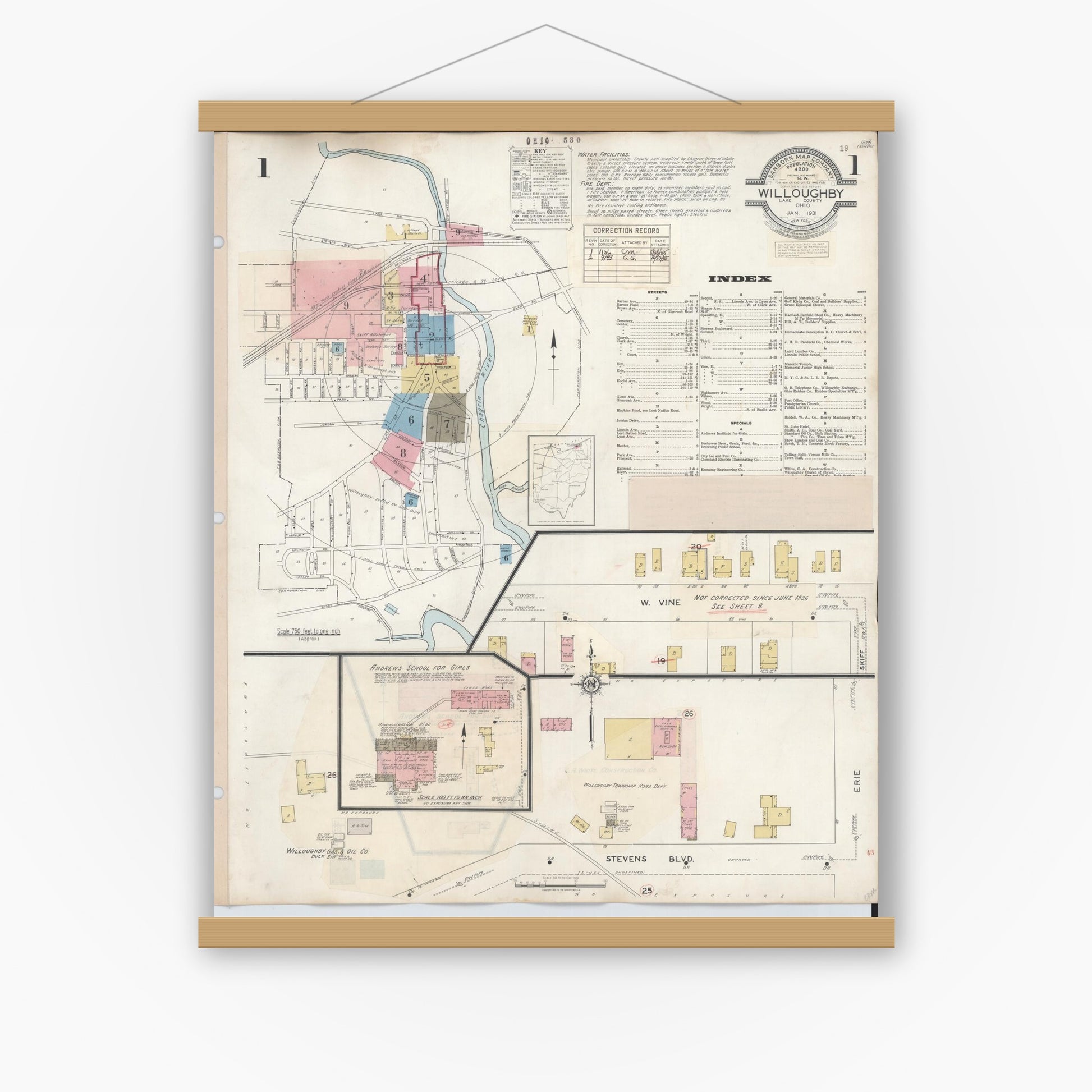 Old map wall art mockup — magnetic wood frame on white wall — Sanborn Fire Insurance Map from Willoughby, Lake County, Ohio (1943), Sheet #0001