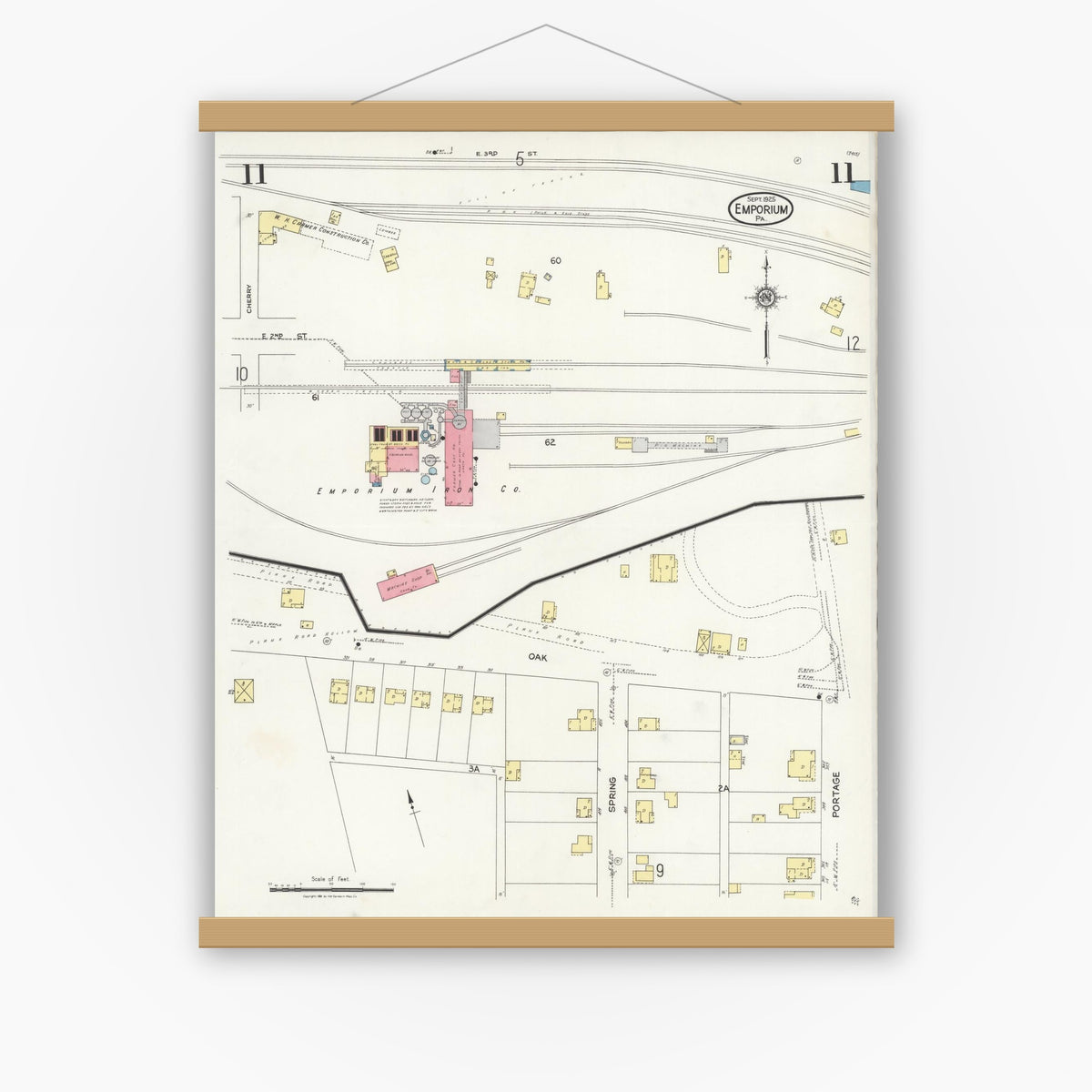 Old map wall art mockup — magnetic wood frame on white wall — Sanborn Fire Insurance Map from Emporium, Cameron County, Pennsylvania (1925), Sheet #0011