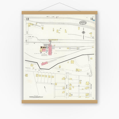 Old map wall art mockup — magnetic wood frame on white wall — Sanborn Fire Insurance Map from Emporium, Cameron County, Pennsylvania (1925), Sheet #0011