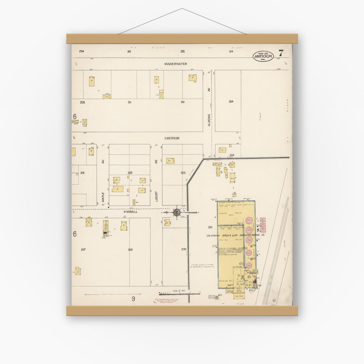 Old map wall art mockup — magnetic wood frame on white wall — Sanborn Fire Insurance Map from Antioch, Contra Costa County, California (1912), Sheet #0007