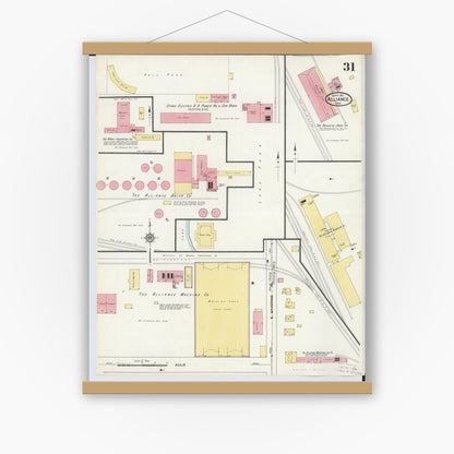 Old map wall art mockup — magnetic wood frame on white wall — Sanborn Fire Insurance Map from Alliance, Stark County, Ohio (1911), Sheet #0031