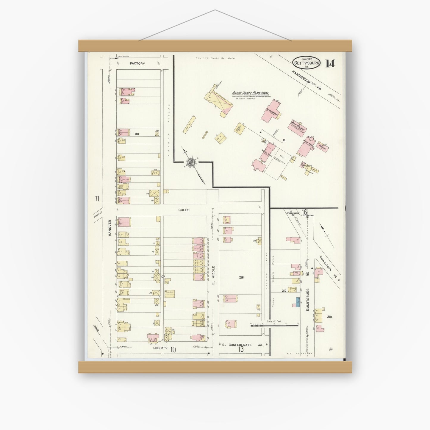 Old map wall art mockup — magnetic wood frame on white wall — Sanborn Fire Insurance Map from Gettysburg, Adams County, Pennsylvania (1912), Sheet #0014