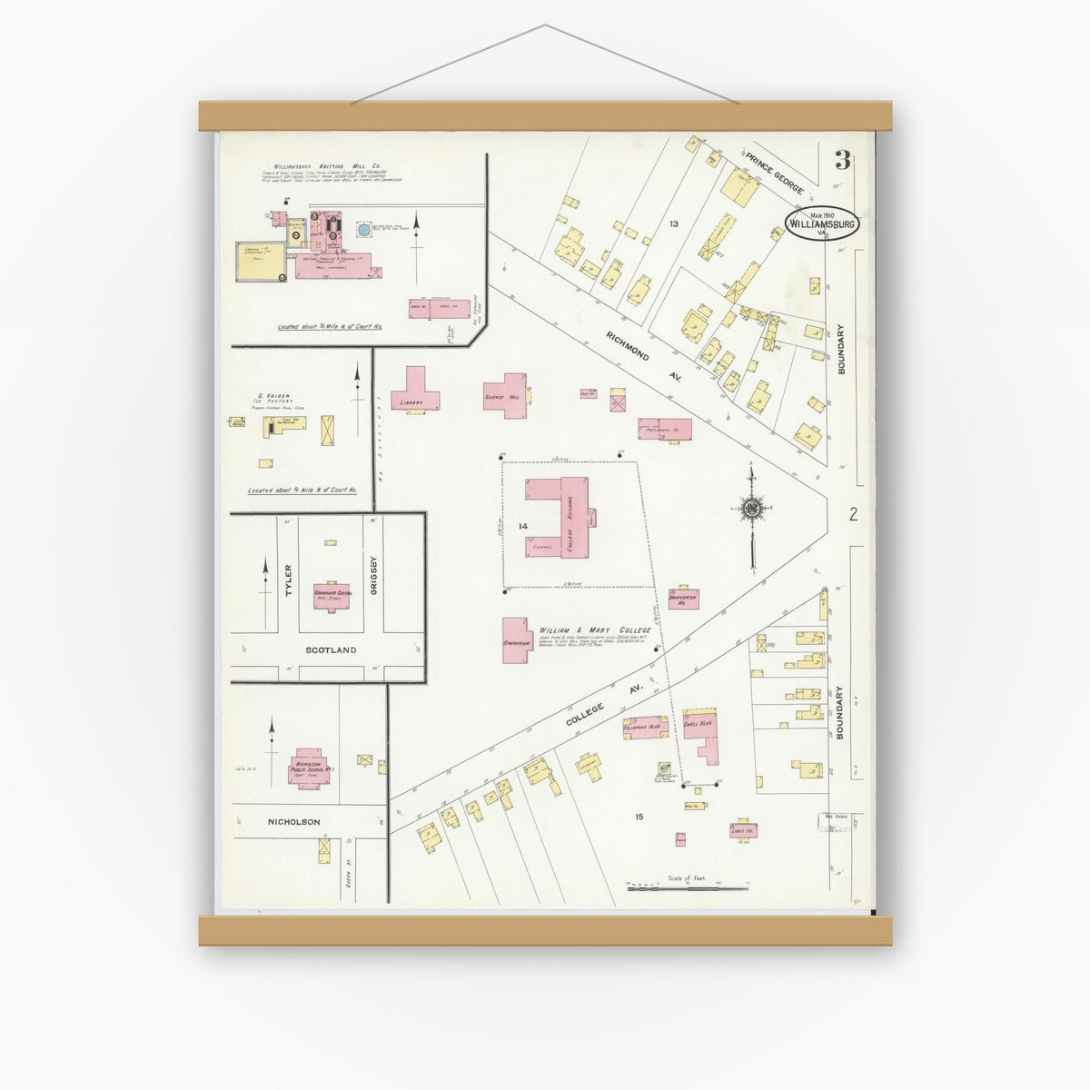 Old map wall art mockup — magnetic wood frame on white wall — Sanborn Fire Insurance Map from Williamsburg, Independent Cities, Virginia (1910), Sheet #0003