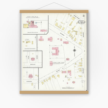 Old map wall art mockup — magnetic wood frame on white wall — Sanborn Fire Insurance Map from Williamsburg, Independent Cities, Virginia (1910), Sheet #0003