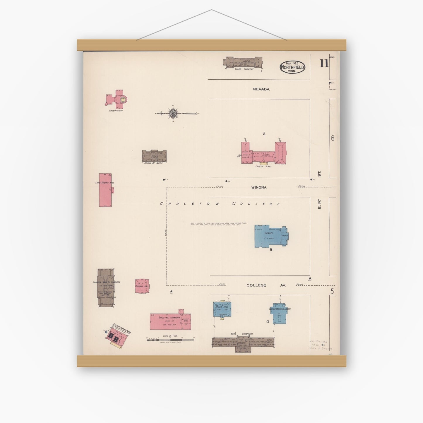 Old map wall art mockup — magnetic wood frame on white wall — Sanborn Fire Insurance Map from Northfield, Rice County, Minnesota (1922), Sheet #0011