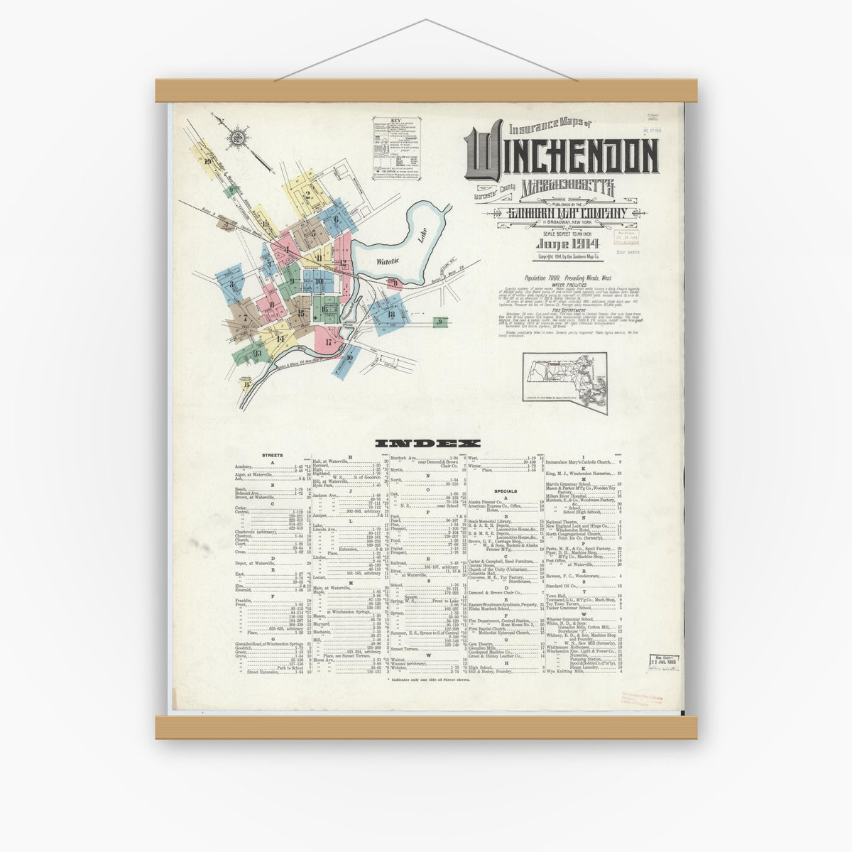 Old map wall art mockup — magnetic wood frame on white wall — Sanborn Fire Insurance Map from Winchendon, Worcester County, Massachusetts (1914) - Complete Map Set