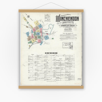 Old map wall art mockup — magnetic wood frame on white wall — Sanborn Fire Insurance Map from Winchendon, Worcester County, Massachusetts (1914) - Complete Map Set