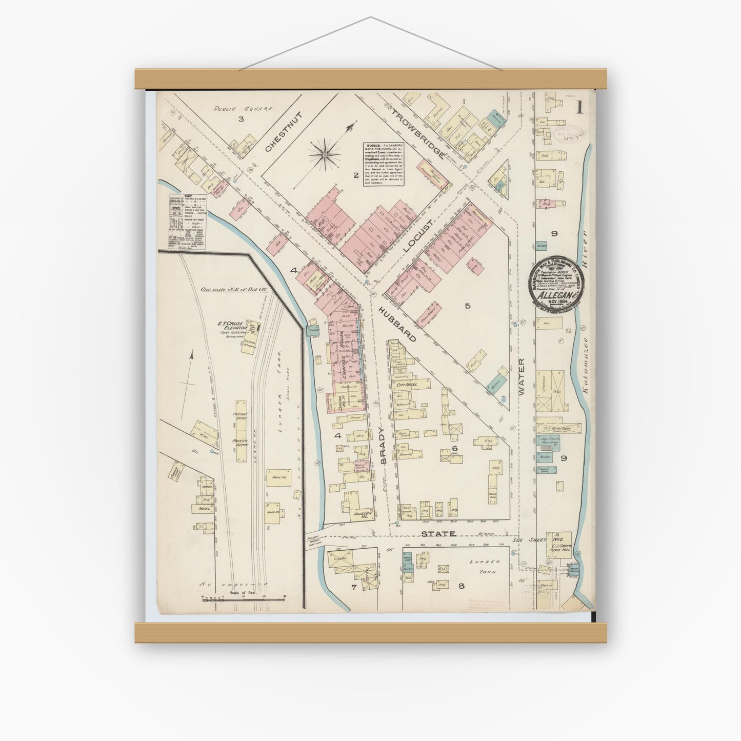 Old map wall art mockup — magnetic wood frame on white wall — Sanborn Fire Insurance Map from Allegan, Allegan County, Michigan (1884), Sheet #0001