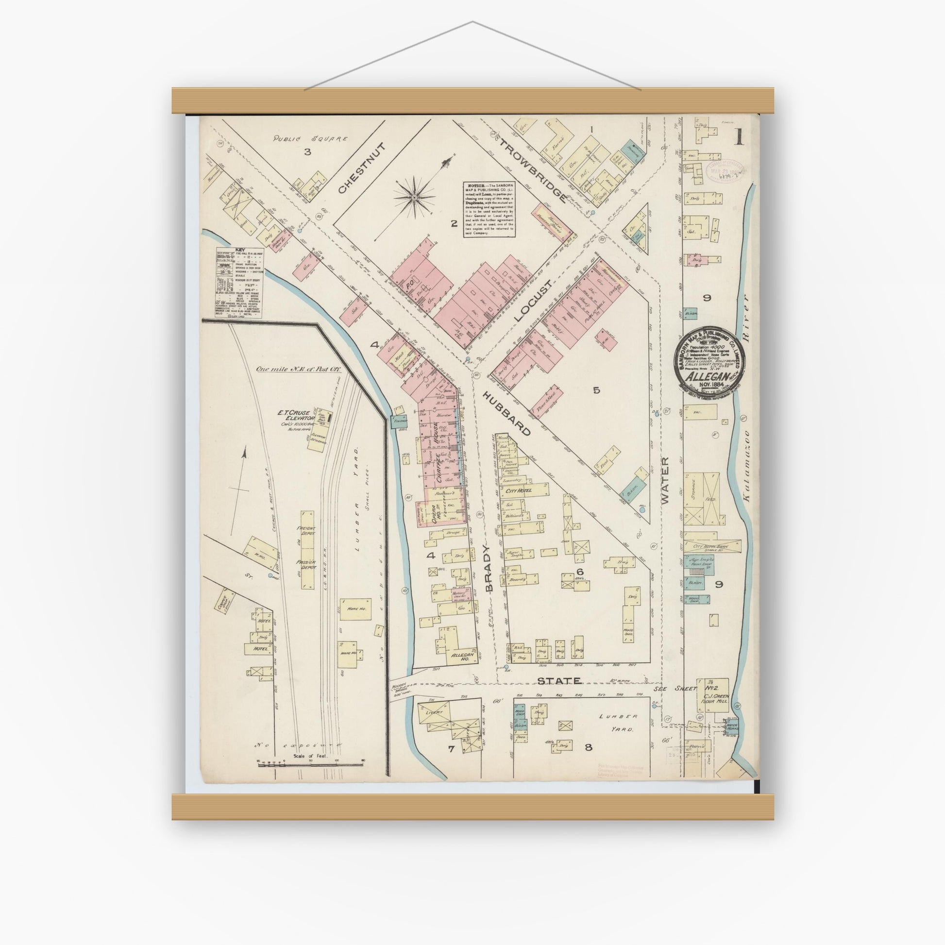 Old map wall art mockup — magnetic wood frame on white wall — Sanborn Fire Insurance Map from Allegan, Allegan County, Michigan (1884), Sheet #0001