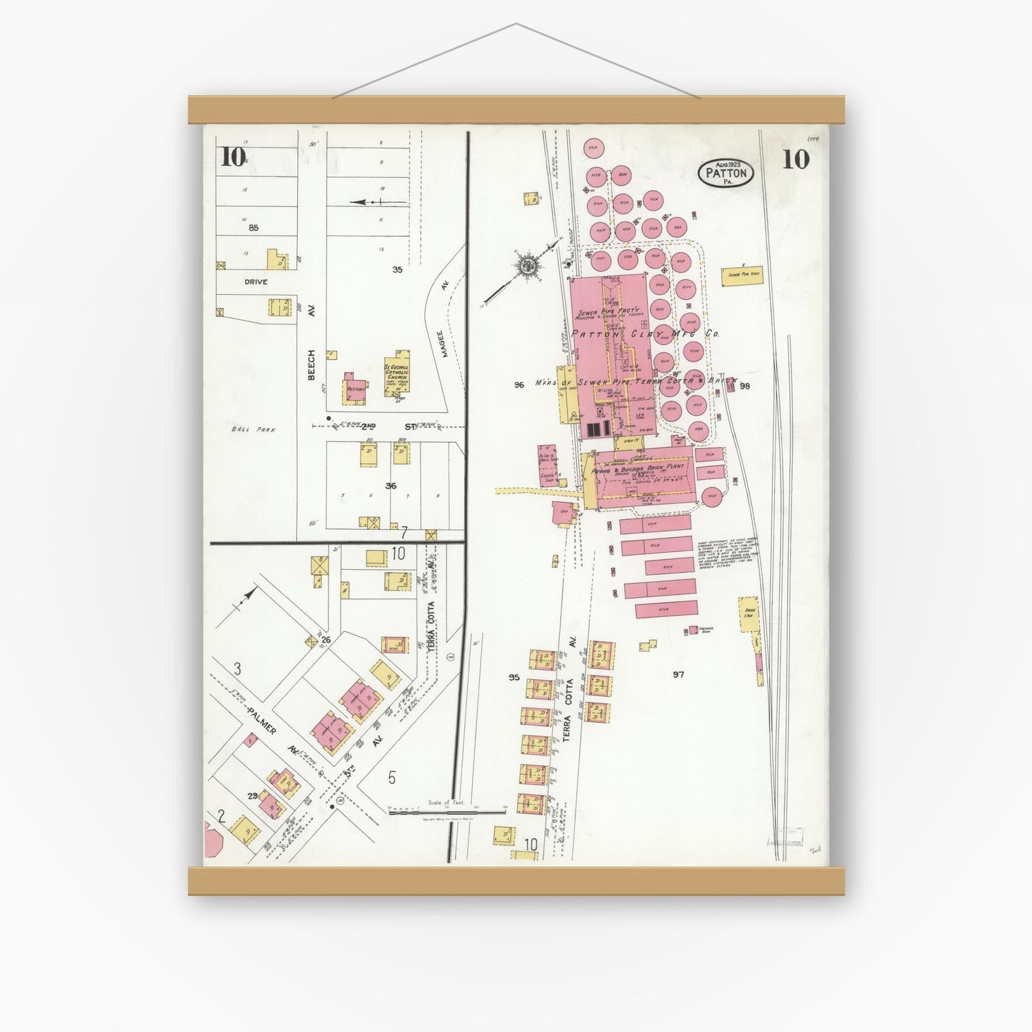 Old map wall art mockup — magnetic wood frame on white wall — Sanborn Fire Insurance Map from Patton, Cambria County, Pennsylvania (1923), Sheet #0010