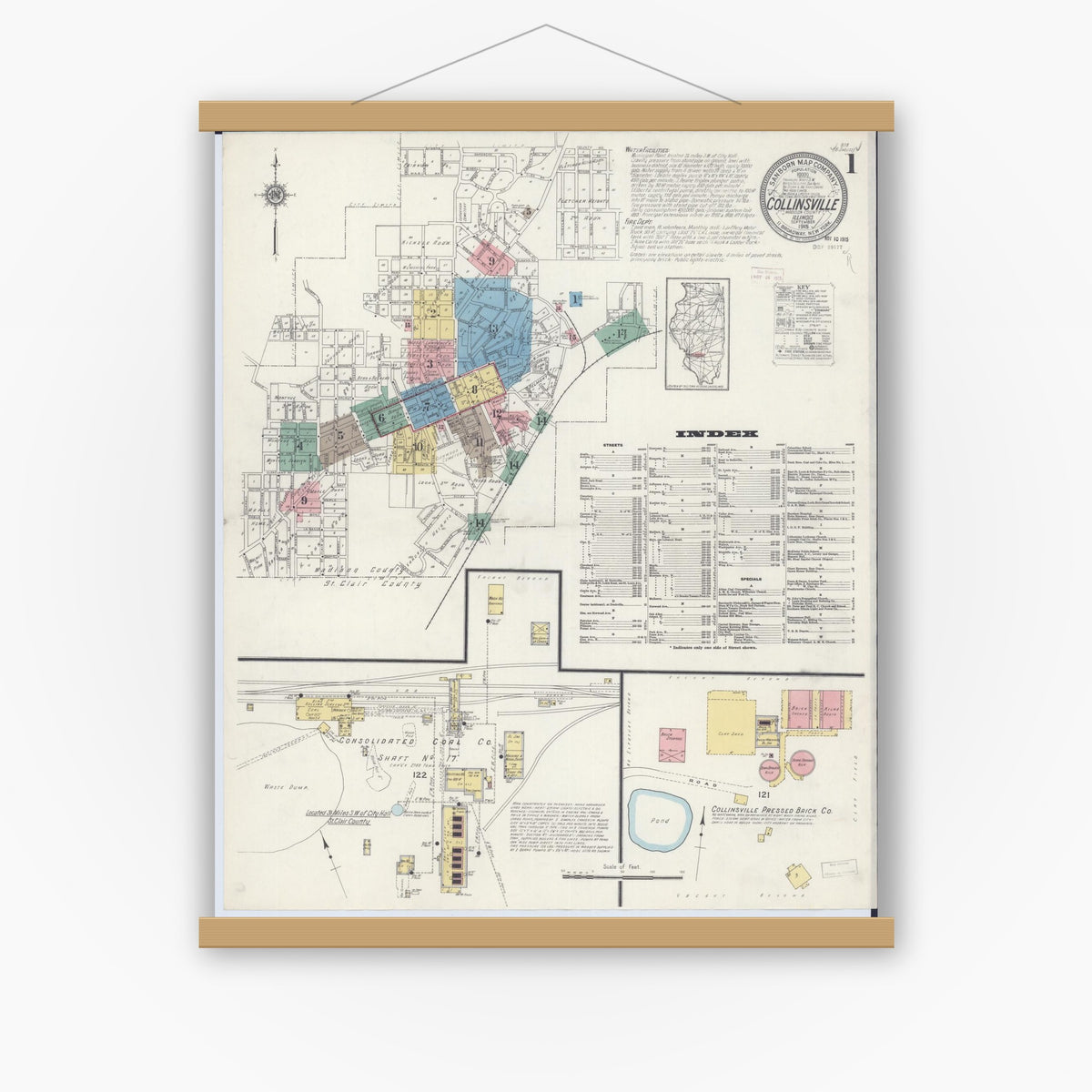 Old map wall art mockup — magnetic wood frame on white wall — Sanborn Fire Insurance Map from Collinsville, Madison County, Illinois (1915), Sheet #0001