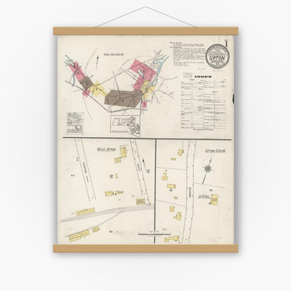 Old map wall art mockup — magnetic wood frame on white wall — Sanborn Fire Insurance Map from Upton, Worcester County, Massachusetts (1922) - Complete Map Set