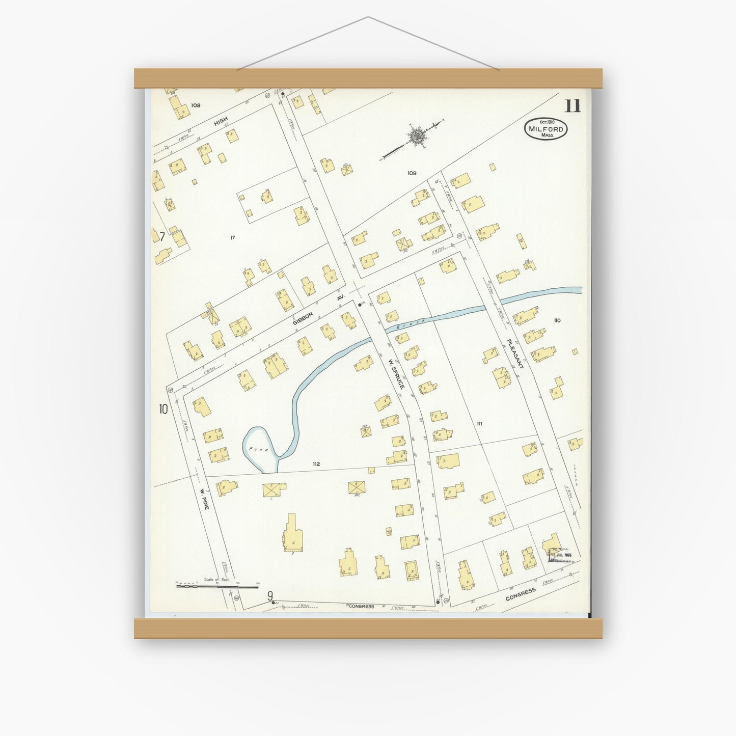 Old map wall art mockup — magnetic wood frame on white wall — Sanborn Fire Insurance Map from Milford, Worcester County, Massachusetts (1910), Sheet #0011