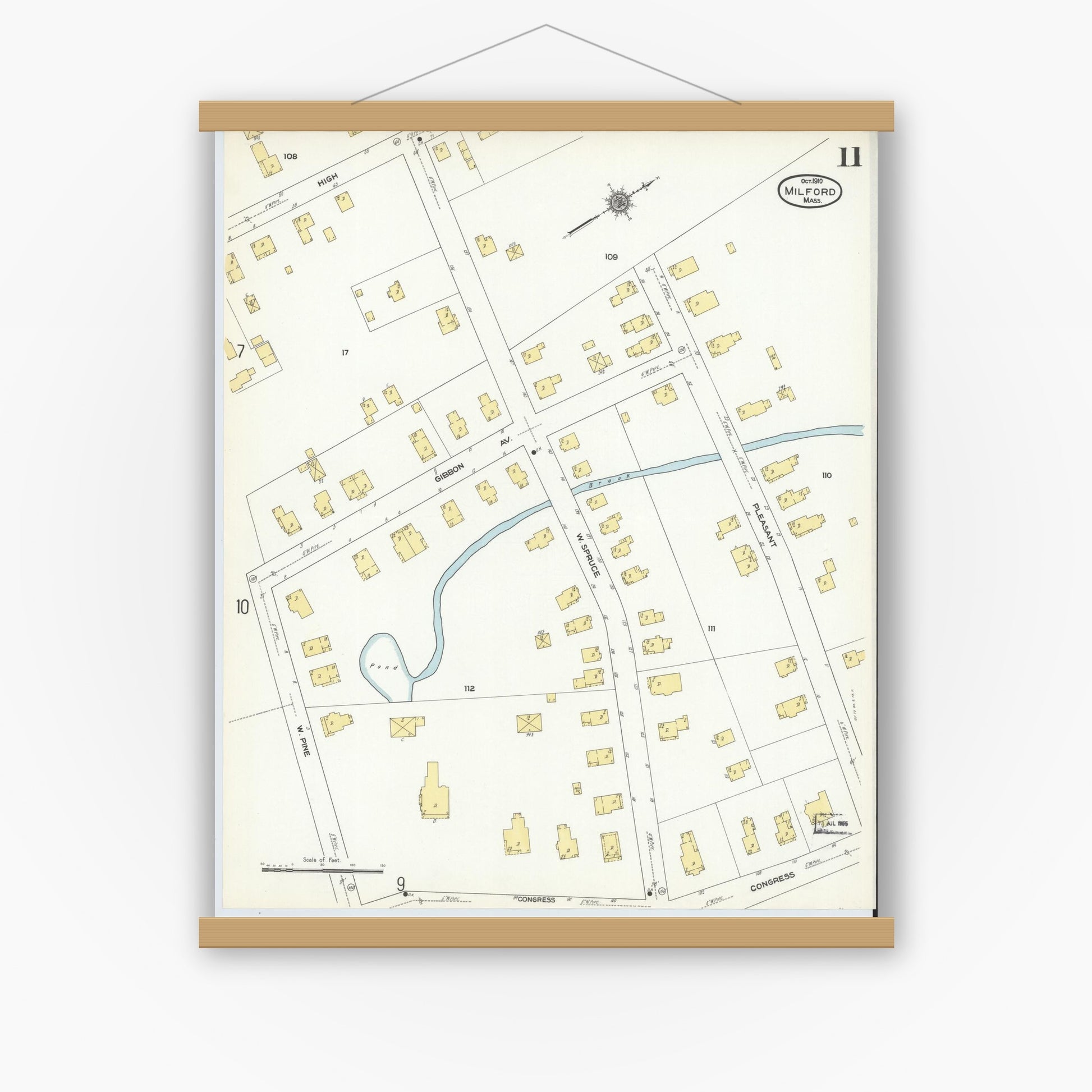 Old map wall art mockup — magnetic wood frame on white wall — Sanborn Fire Insurance Map from Milford, Worcester County, Massachusetts (1910), Sheet #0011