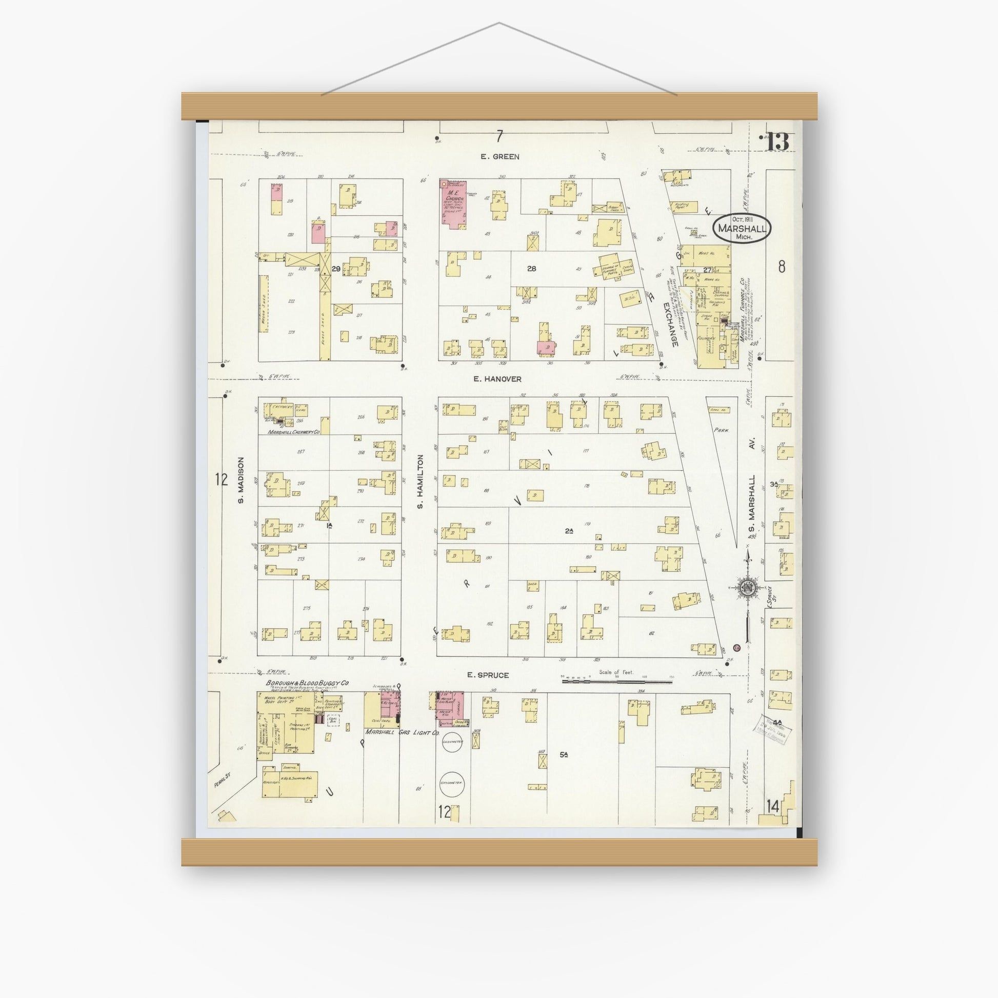 Old map wall art mockup — magnetic wood frame on white wall — Sanborn Fire Insurance Map from Marshall, Calhoun County, Michigan (1911), Sheet #0013