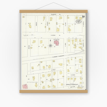 Old map wall art mockup — magnetic wood frame on white wall — Sanborn Fire Insurance Map from Terrell, Kaufman County, Texas (1909), Sheet #0010