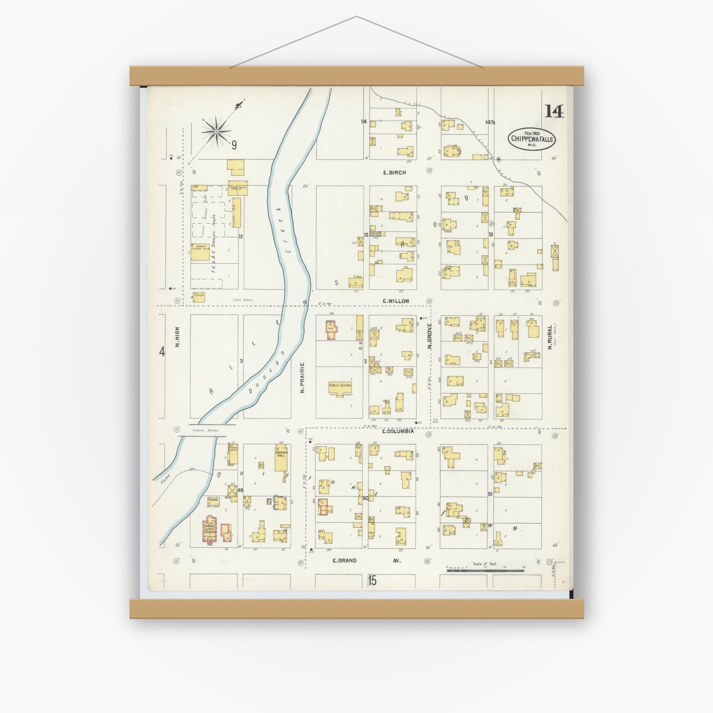 Old map wall art mockup — magnetic wood frame on white wall — Sanborn Fire Insurance Map from Chippewa Falls, Chippewa County, Wisconsin (1903), Sheet #0014