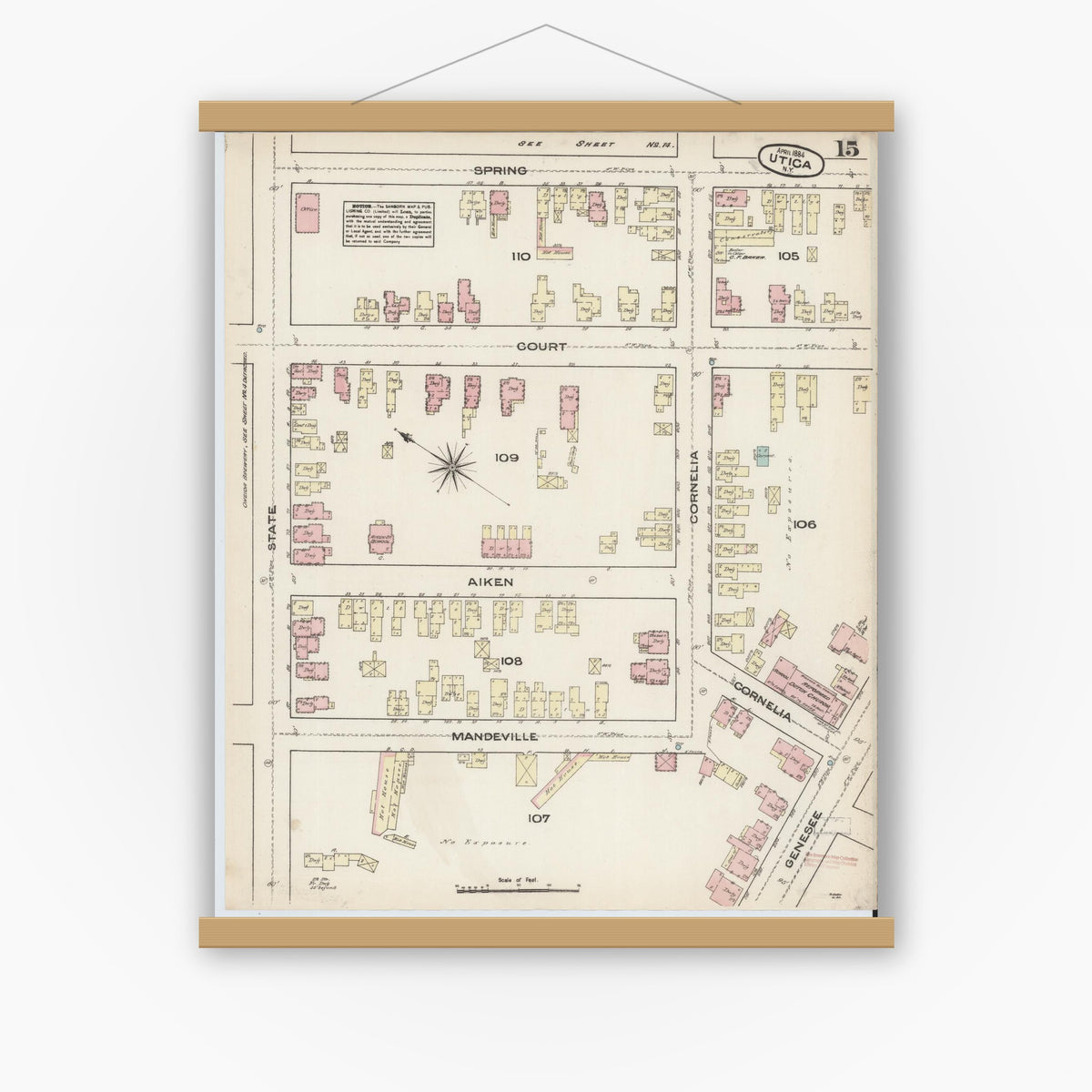 Old map wall art mockup — magnetic wood frame on white wall — Sanborn Fire Insurance Map from Utica, Oneida County, New York (1884), Sheet #0015