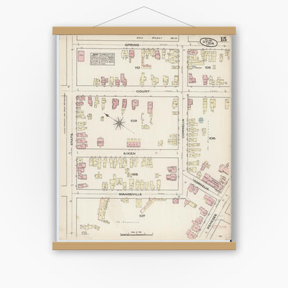 Old map wall art mockup — magnetic wood frame on white wall — Sanborn Fire Insurance Map from Utica, Oneida County, New York (1884), Sheet #0015