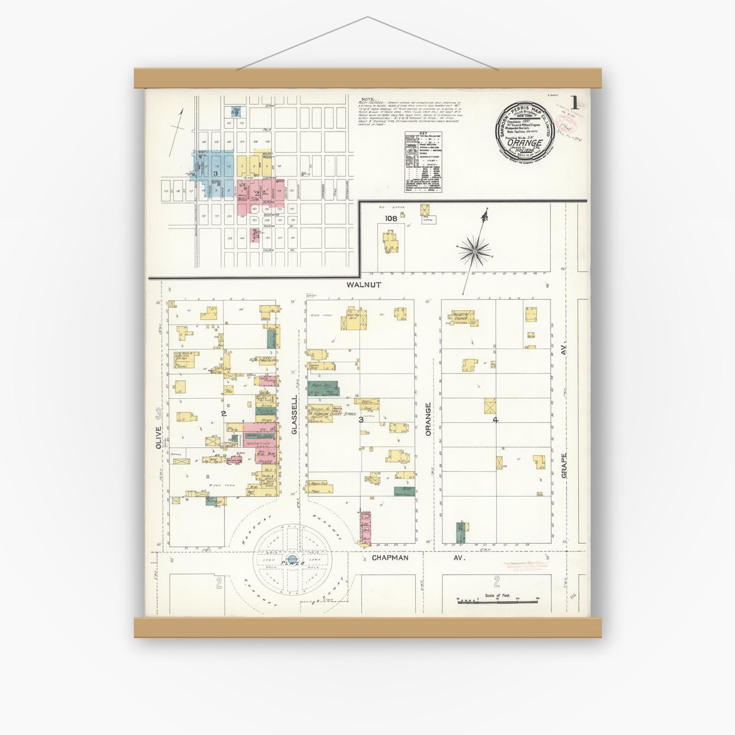 Old map wall art mockup — magnetic wood frame on white wall — Sanborn Fire Insurance Map from Orange, Orange County, California (1894) - Complete Map Set