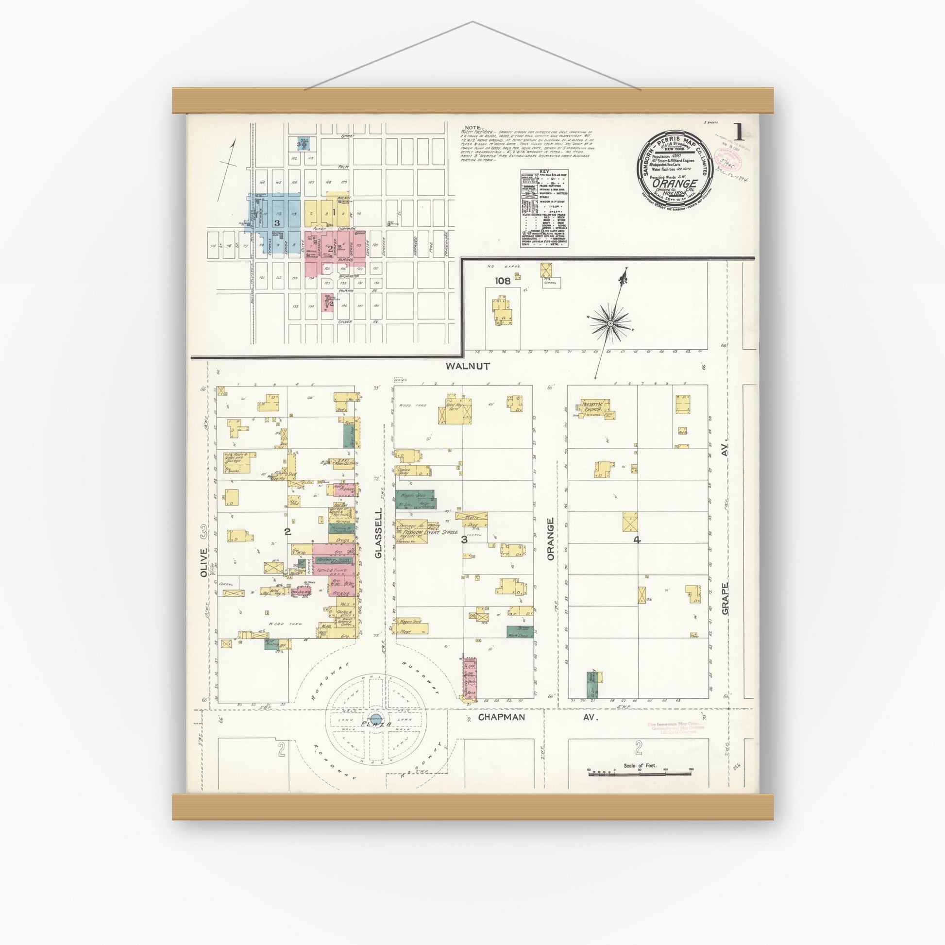 Old map wall art mockup — magnetic wood frame on white wall — Sanborn Fire Insurance Map from Orange, Orange County, California (1894) - Complete Map Set