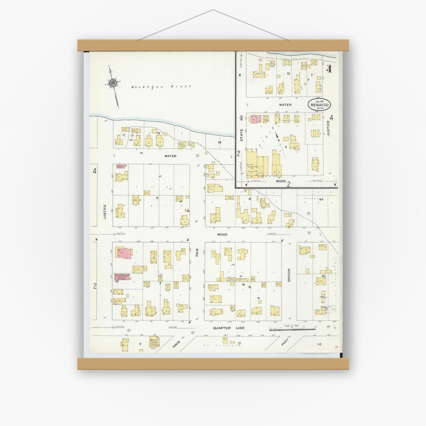 Old map wall art mockup — magnetic wood frame on white wall — Sanborn Fire Insurance Map from Newaygo, Newaygo County, Michigan (1911), Sheet #0004