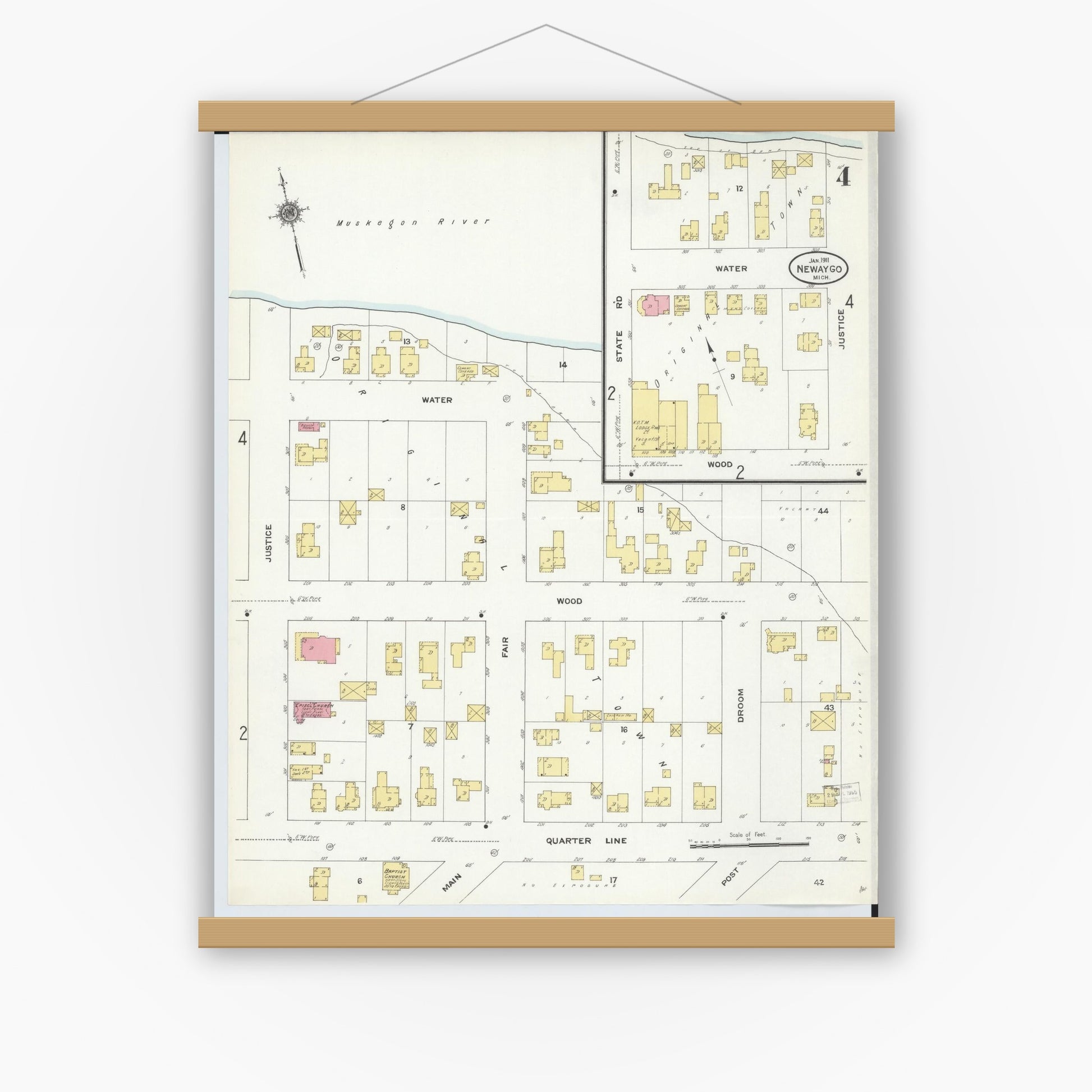 Old map wall art mockup — magnetic wood frame on white wall — Sanborn Fire Insurance Map from Newaygo, Newaygo County, Michigan (1911), Sheet #0004