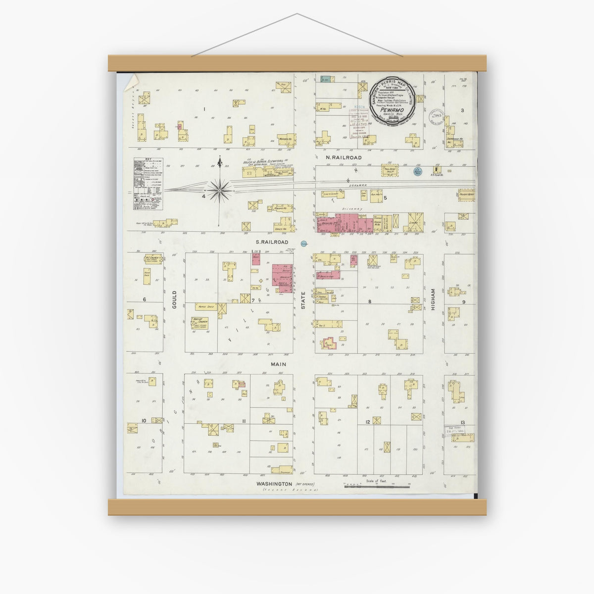 Old map wall art mockup — magnetic wood frame on white wall — Sanborn Fire Insurance Map from Pewamo, Ionia County, Michigan (1900), Sheet #0001