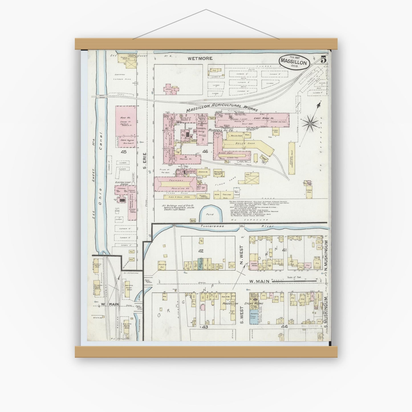 Old map wall art mockup — magnetic wood frame on white wall — Sanborn Fire Insurance Map from Massillon, Stark County, Ohio (1887), Sheet #0005