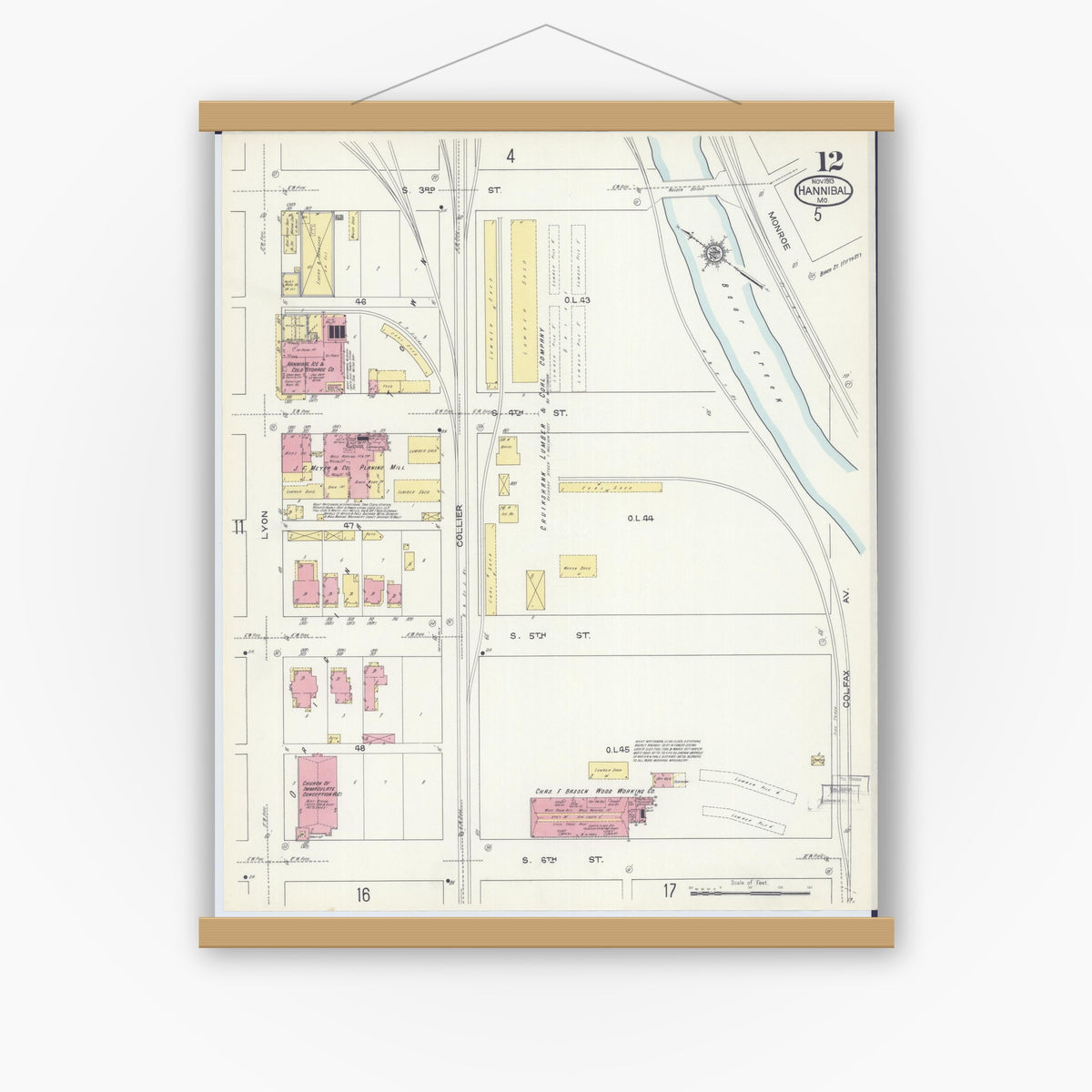 Old map wall art mockup — magnetic wood frame on white wall — Sanborn Fire Insurance Map from Hannibal, Marion County, Missouri (1913), Sheet #0012