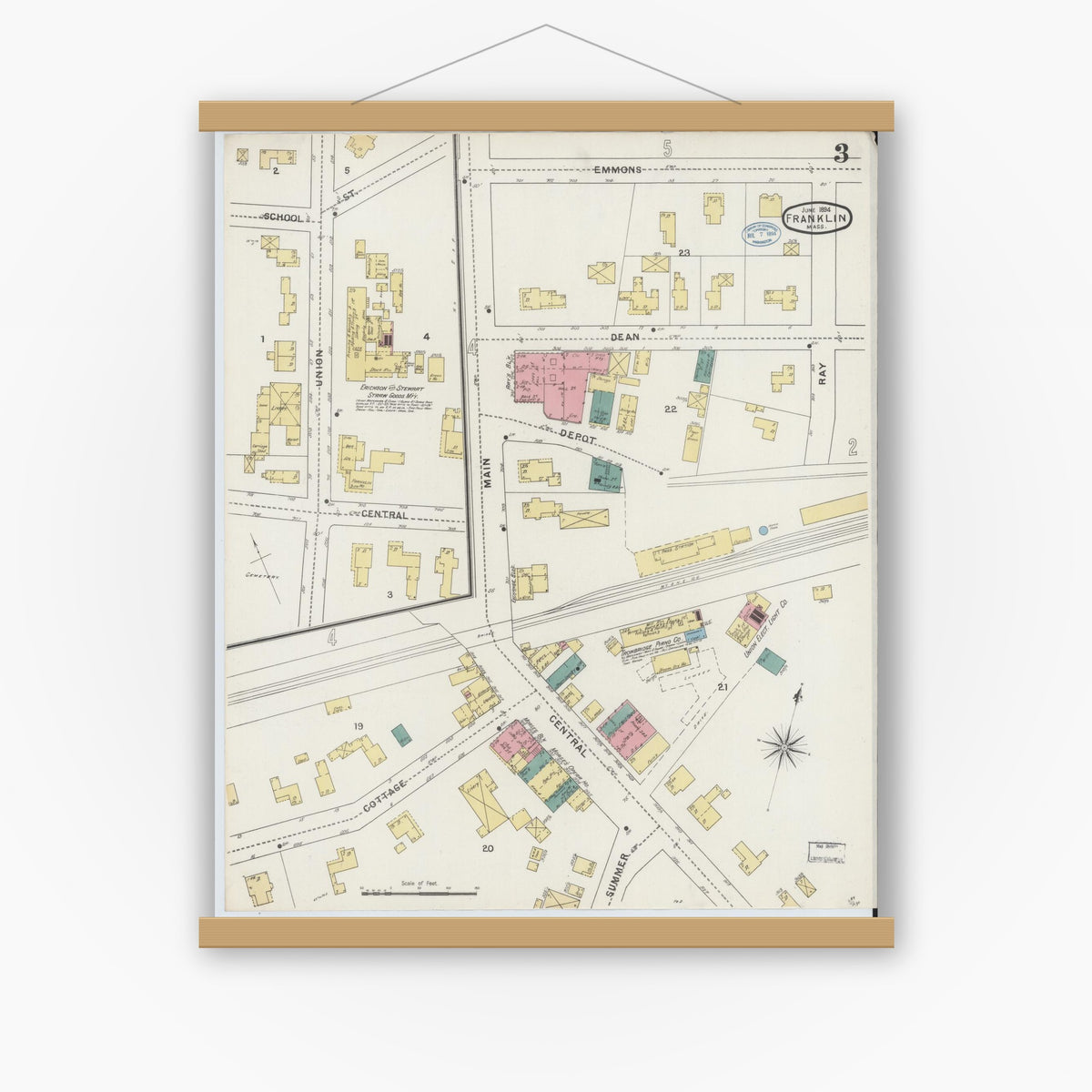 Old map wall art mockup — magnetic wood frame on white wall — Sanborn Fire Insurance Map from Franklin, Norfolk County, Massachusetts (1894), Sheet #0003