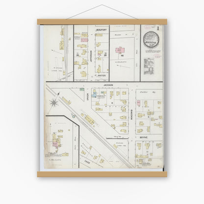 Old map wall art mockup — magnetic wood frame on white wall — Sanborn Fire Insurance Map from Manchester, Washtenaw County, Michigan (1888), Sheet #0001