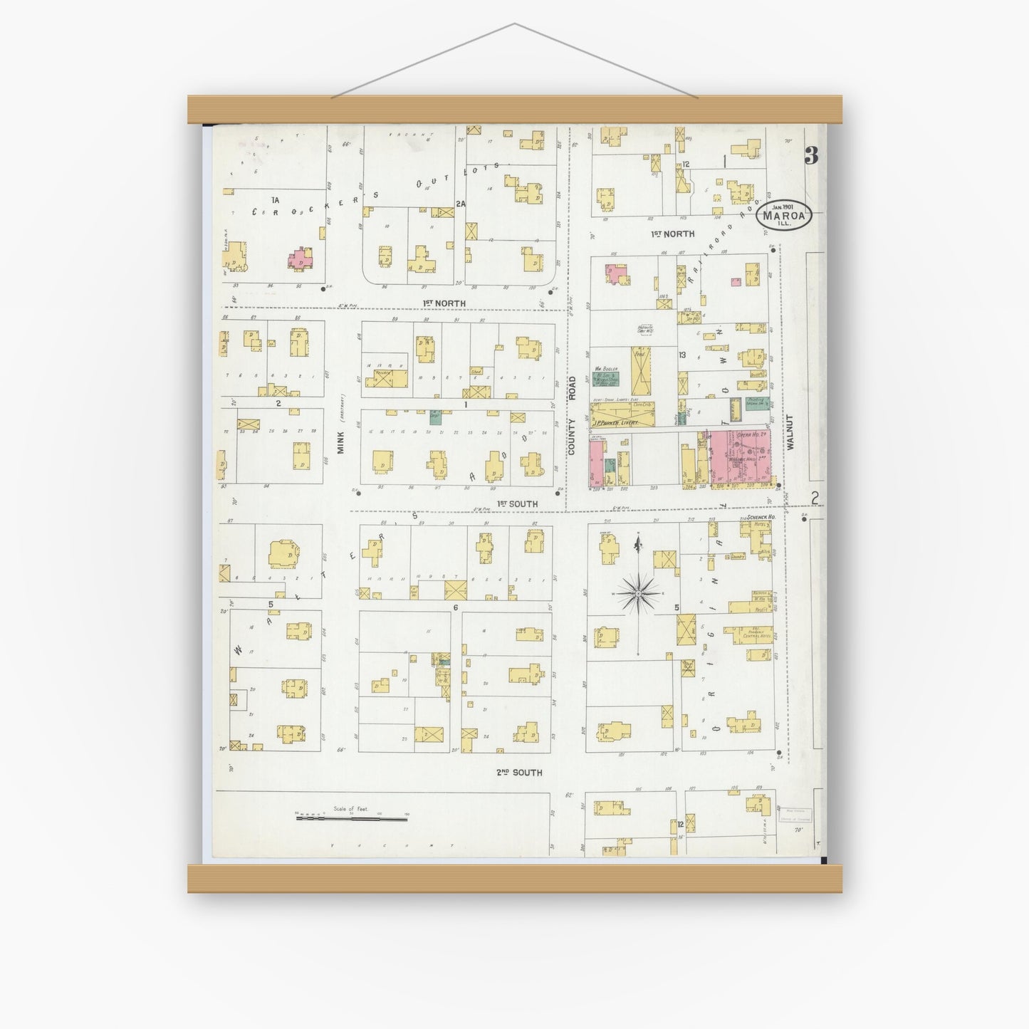 Old map wall art mockup — magnetic wood frame on white wall — Sanborn Fire Insurance Map from Maroa, Macon County, Illinois (1901), Sheet #0003