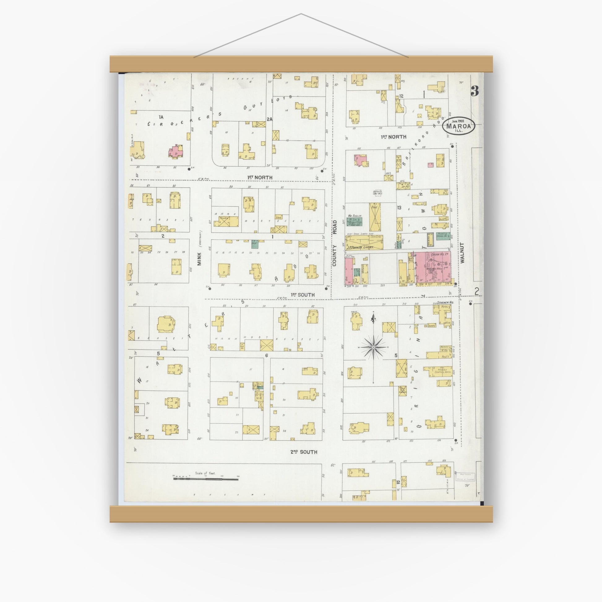 Old map wall art mockup — magnetic wood frame on white wall — Sanborn Fire Insurance Map from Maroa, Macon County, Illinois (1901), Sheet #0003