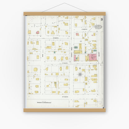 Old map wall art mockup — magnetic wood frame on white wall — Sanborn Fire Insurance Map from Maroa, Macon County, Illinois (1901), Sheet #0003