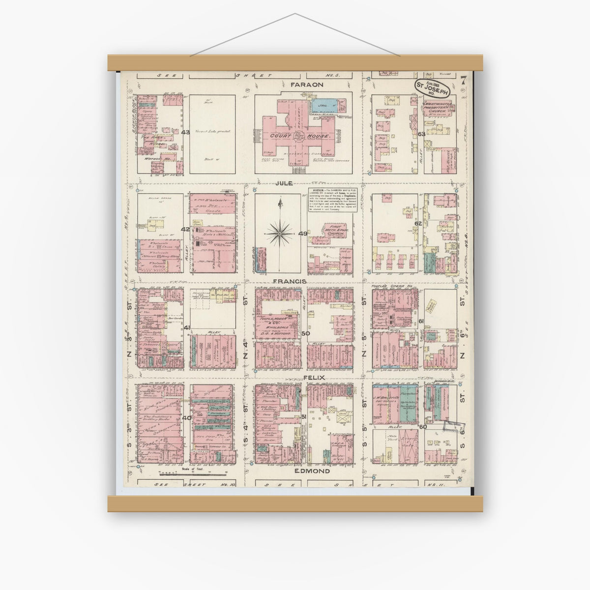 Old map wall art mockup — magnetic wood frame on white wall — Sanborn Fire Insurance Map from Saint Joseph, Buchanan County, Missouri (1883), Sheet #0007