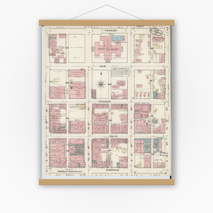 Old map wall art mockup — magnetic wood frame on white wall — Sanborn Fire Insurance Map from Saint Joseph, Buchanan County, Missouri (1883), Sheet #0007