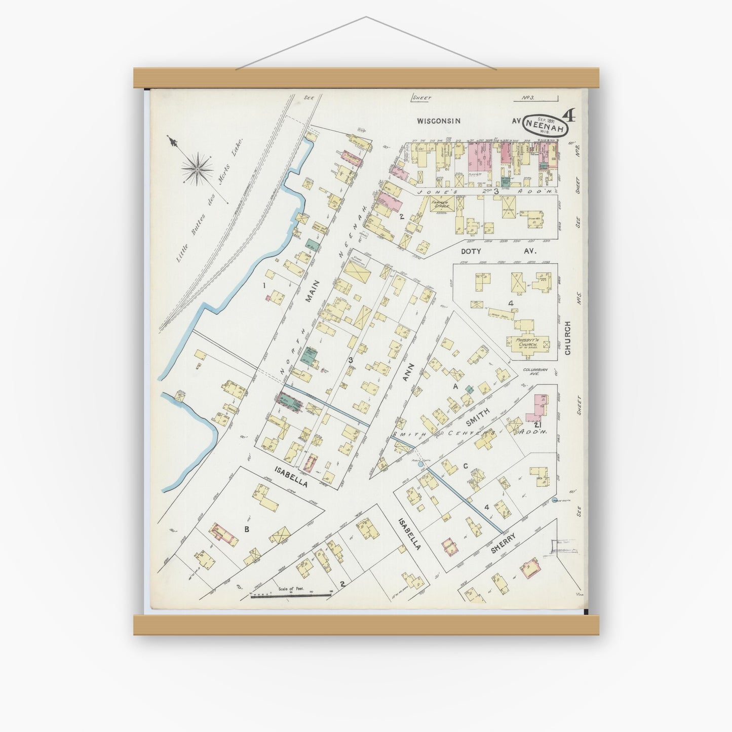 Old map wall art mockup — magnetic wood frame on white wall — Sanborn Fire Insurance Map from Neenah, Winnebago County, Wisconsin (1891), Sheet #0004