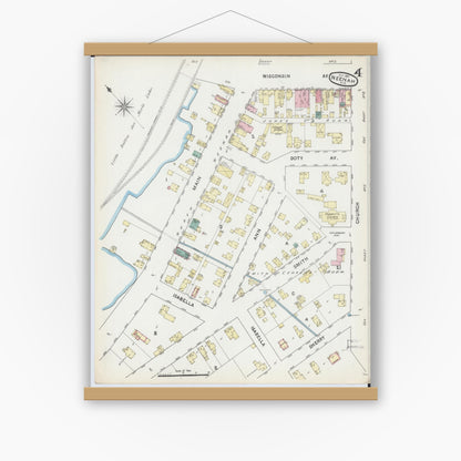 Old map wall art mockup — magnetic wood frame on white wall — Sanborn Fire Insurance Map from Neenah, Winnebago County, Wisconsin (1891), Sheet #0004