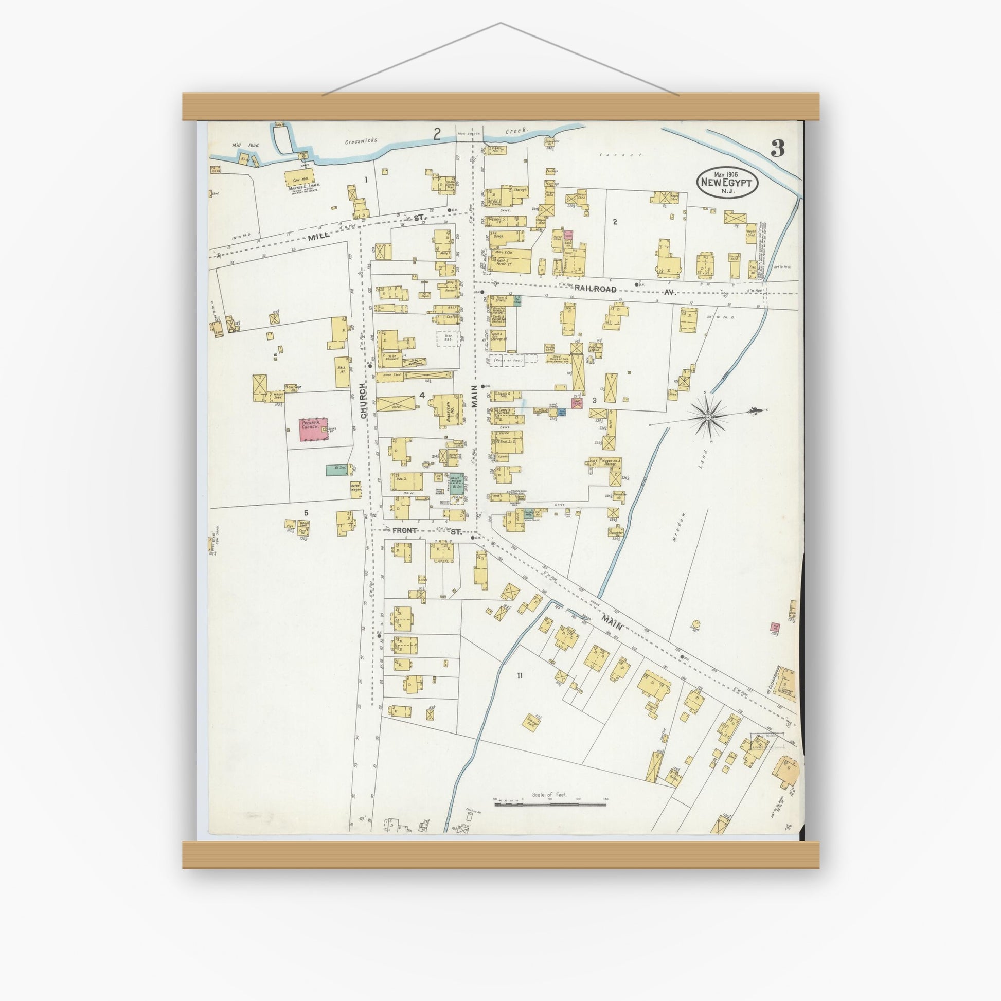 Old map wall art mockup — magnetic wood frame on white wall — Sanborn Fire Insurance Map from New Egypt, Ocean County, New Jersey (1905), Sheet #0003